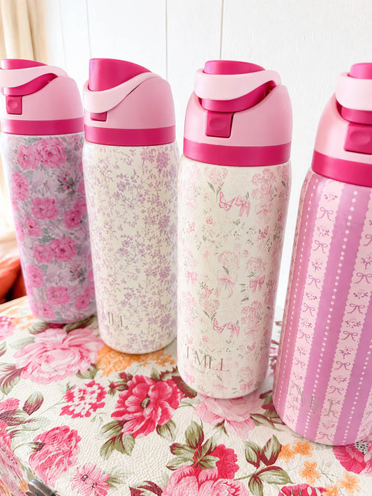 32 oz Insulated Stainless Steel Water Bottle with Flip Straw Lid | Floral & Bow Designs | Leak-Resistant | The Prissy Pelican Boutique | Bossier City, LA