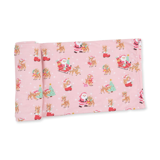 Vintage Reindeer & Santa Pink - Bamboo - Swaddle Blanket