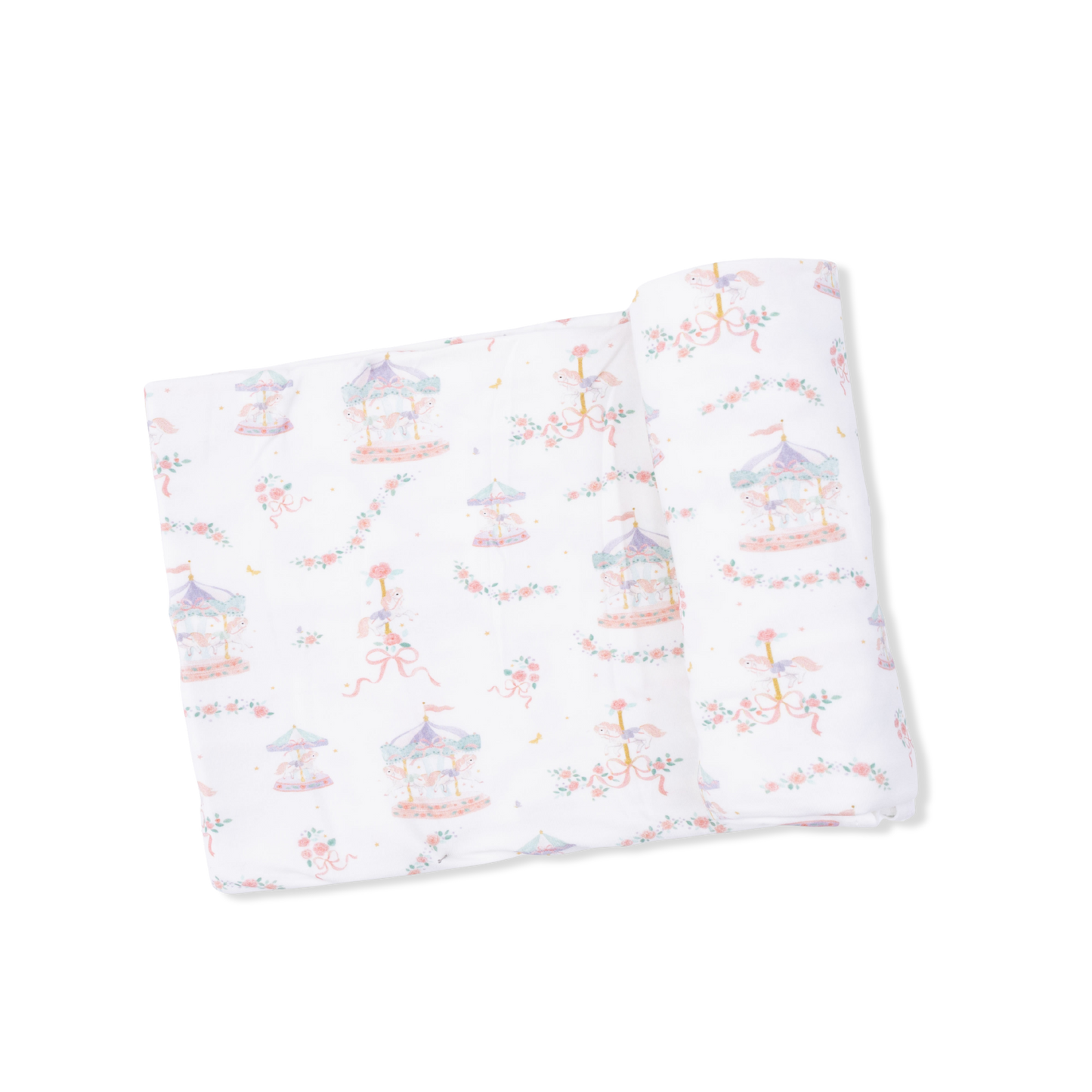 Carousel with Bows - 2 Way Ruffle Back Zipper Footie, Headband, & Swaddle Blanket Set