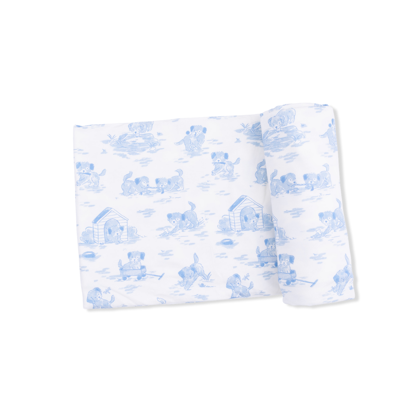 Puppy Toile Blue -  2 Way Zipper Footie, Swaddle  & Bandana Bib Set