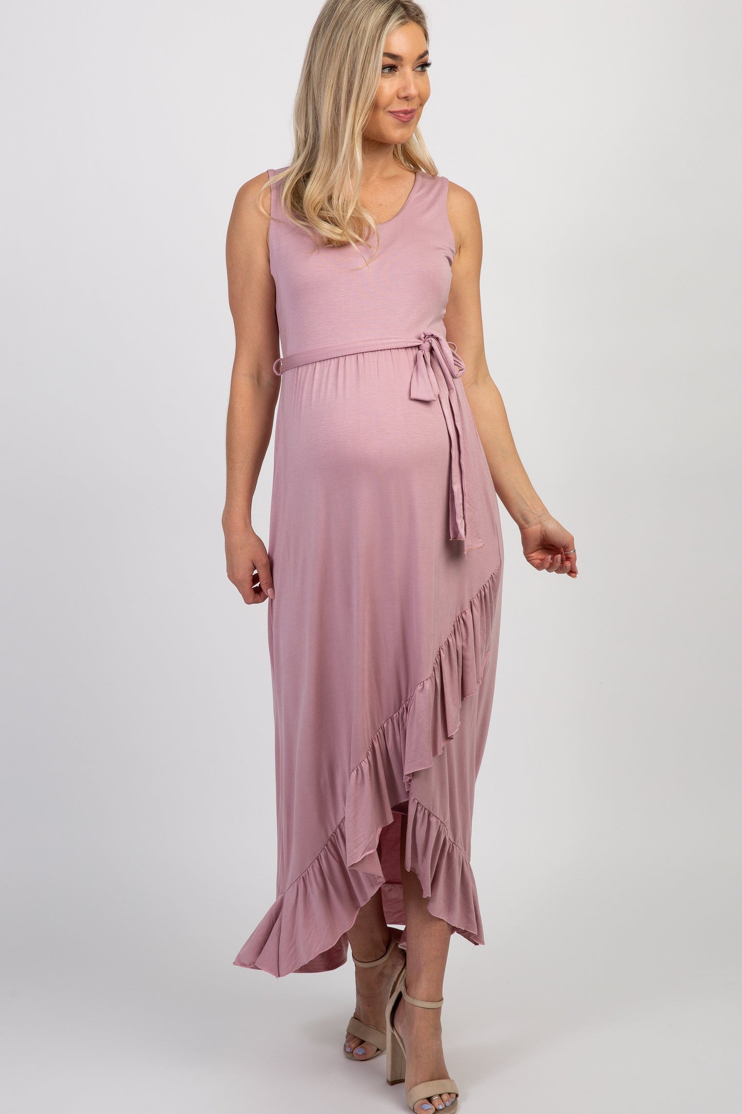PinkBlush Mauve Sleeveless Hi-Low Ruffle Trim Maternity Maxi Dress