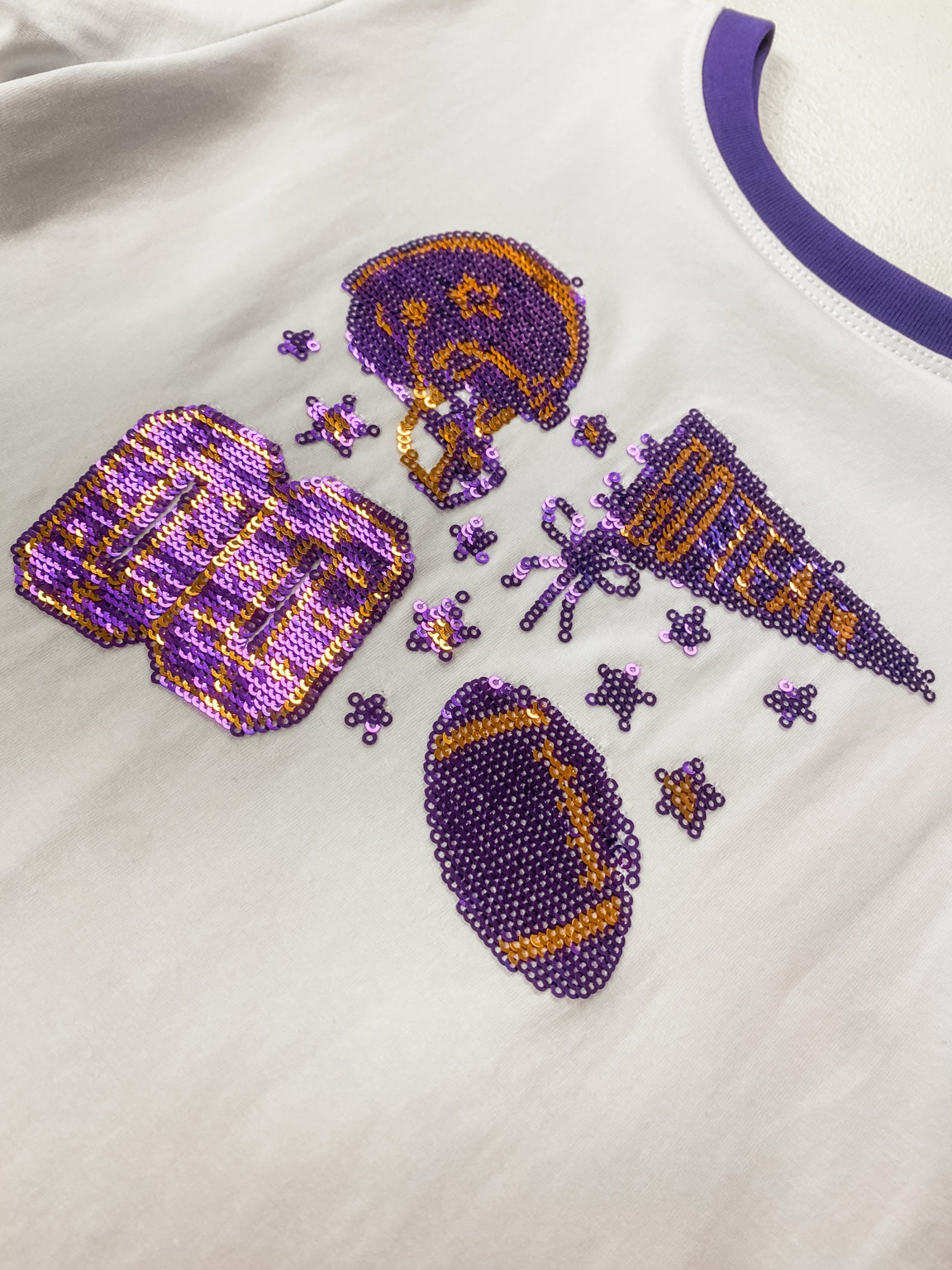 Azarhia Sequin Football Elements Boxy Tee | Purple & Gold Tigers Girls Game Day Shirt