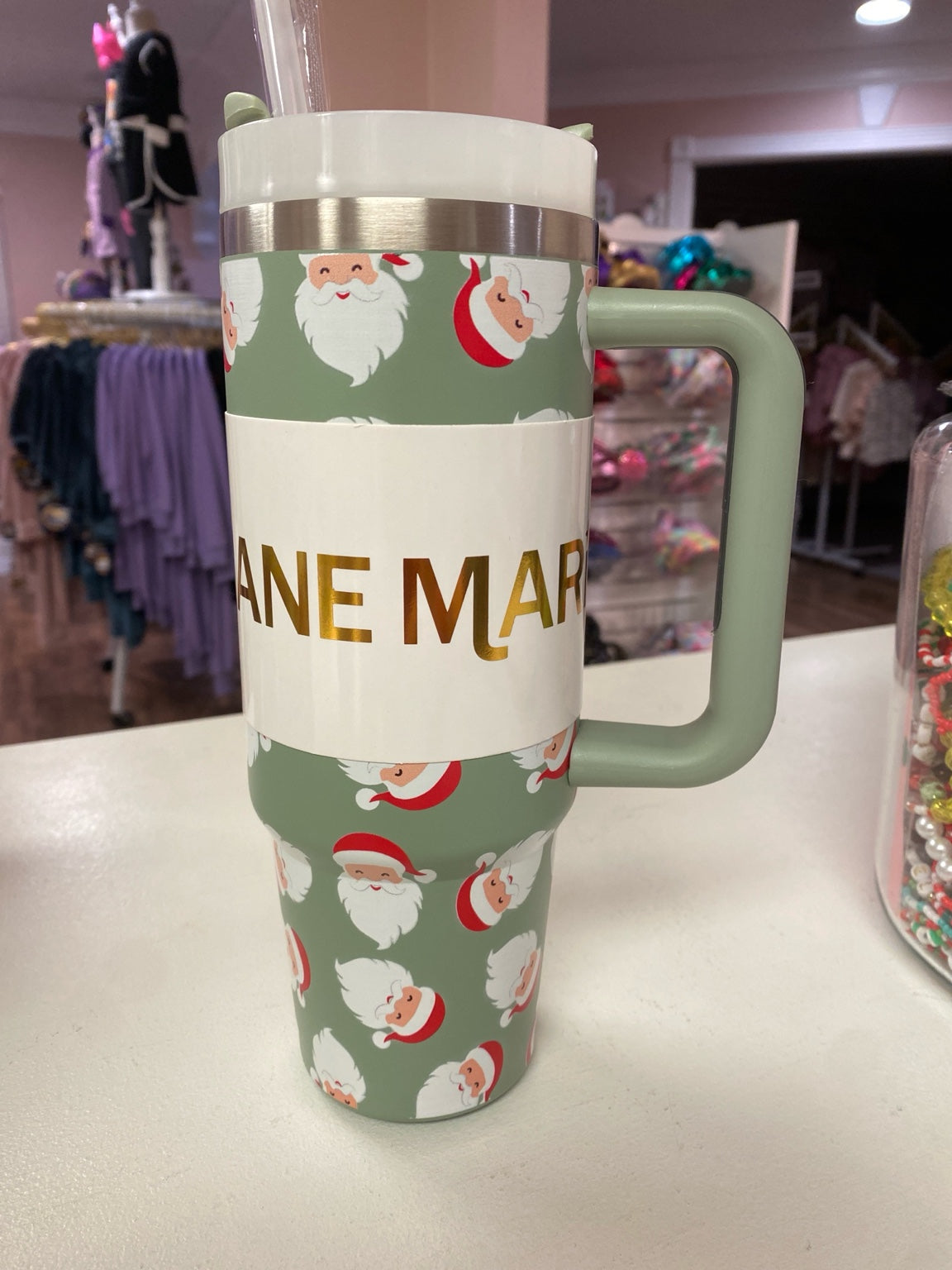 Green Santa Faces Holiday Tumbler – 30oz Stainless Steel Cup With Straw & Handle