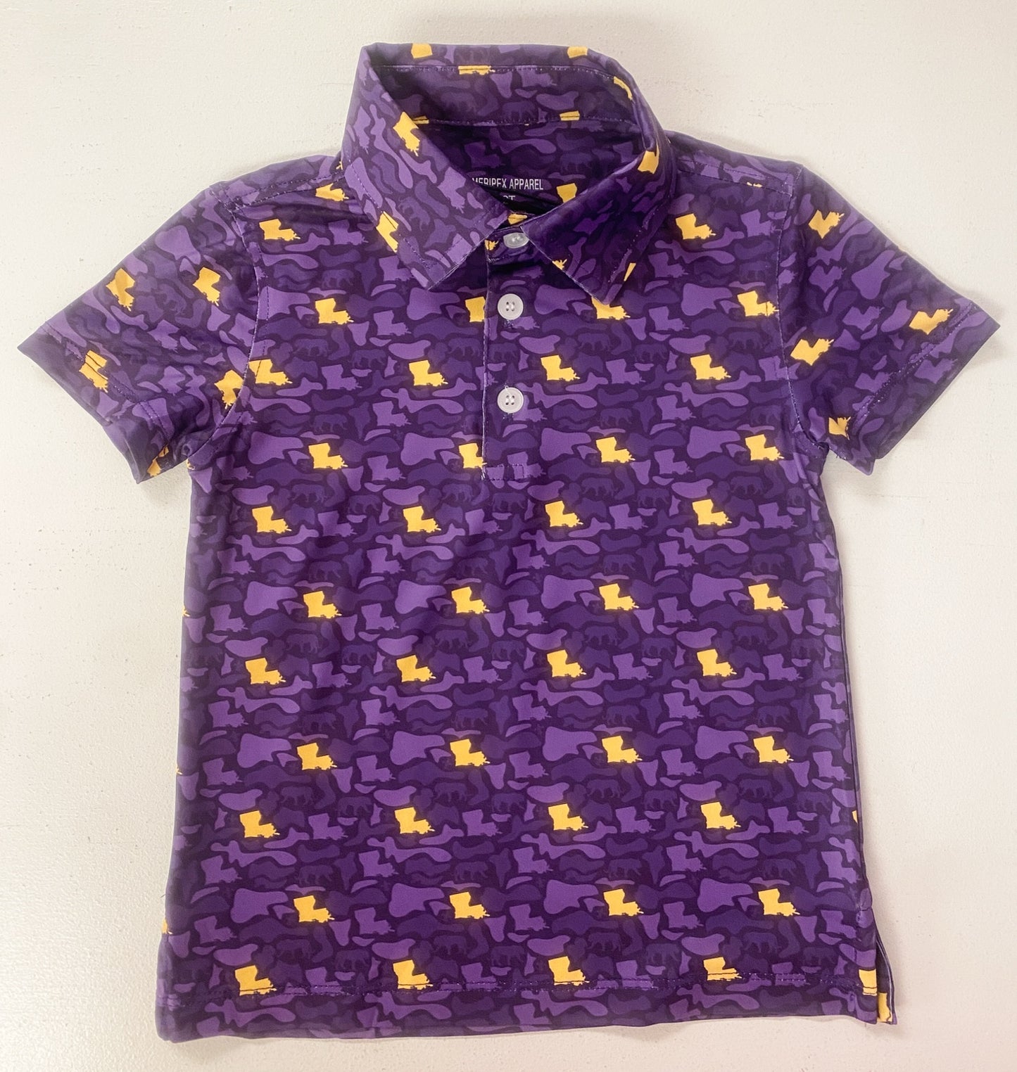 Boys Purple & Gold Louisiana Camo Performance Polo | LSU Gameday Shirt