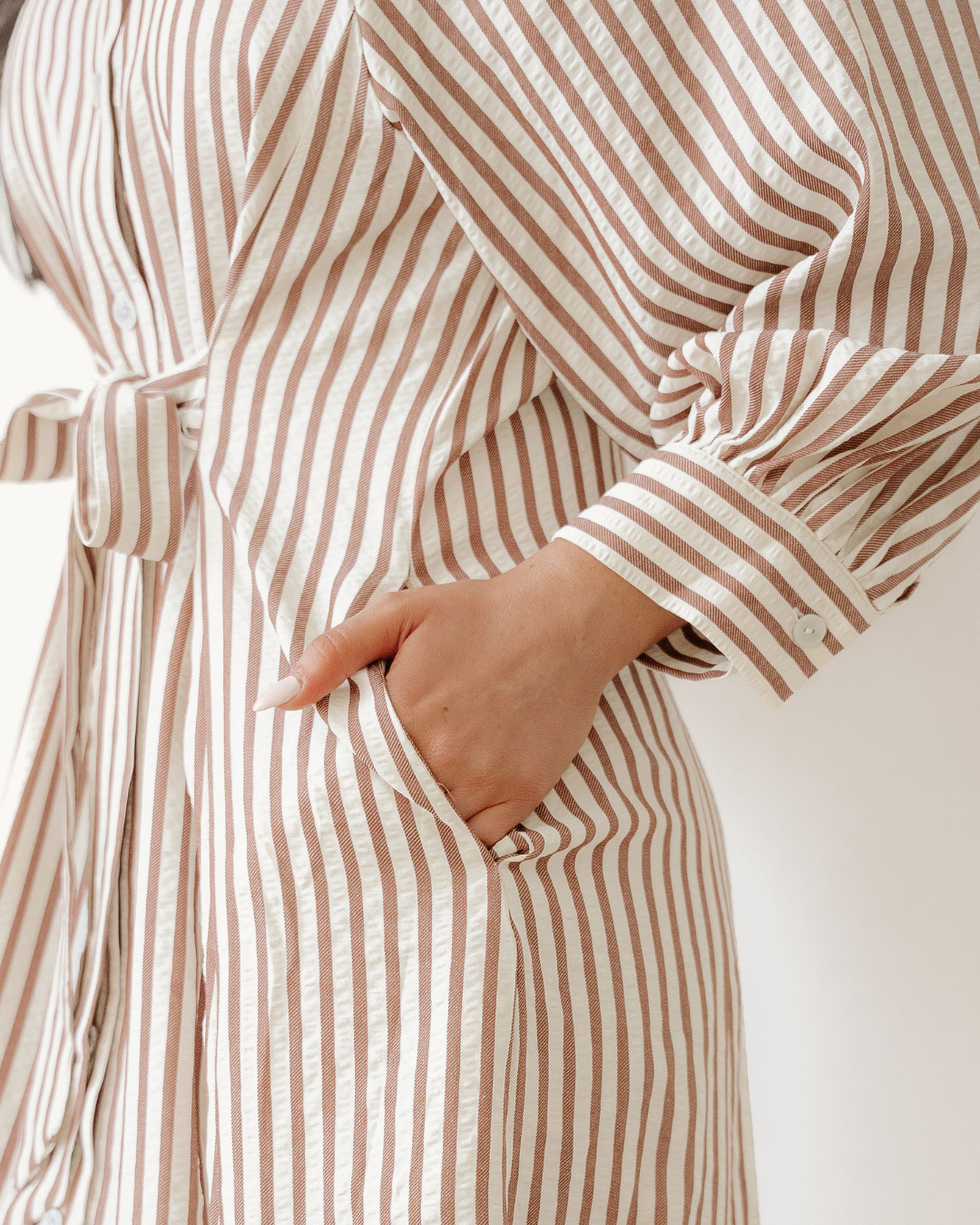 Serena Stripe Knot Waist Puff Sleeve Button Down Mini Shirt Dress