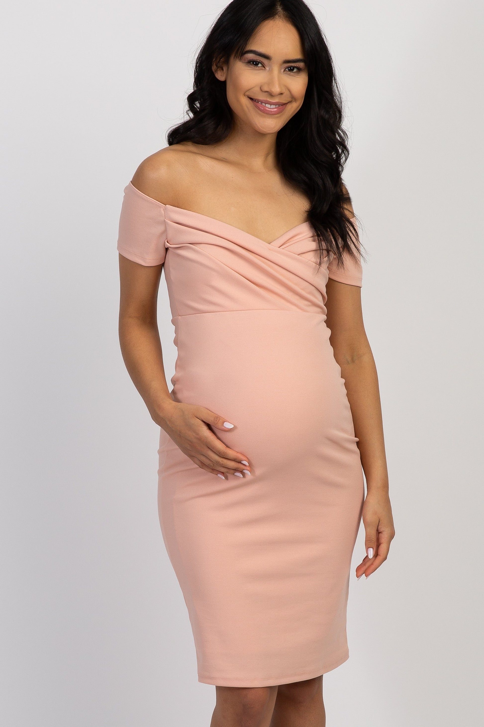 PinkBlush Light Pink Solid Off Shoulder Maternity Fitted Dress The Prissy Pelican PinkBlush Light Pink Solid Off Shoulder Maternity Fitted Dress The Prissy Pelican