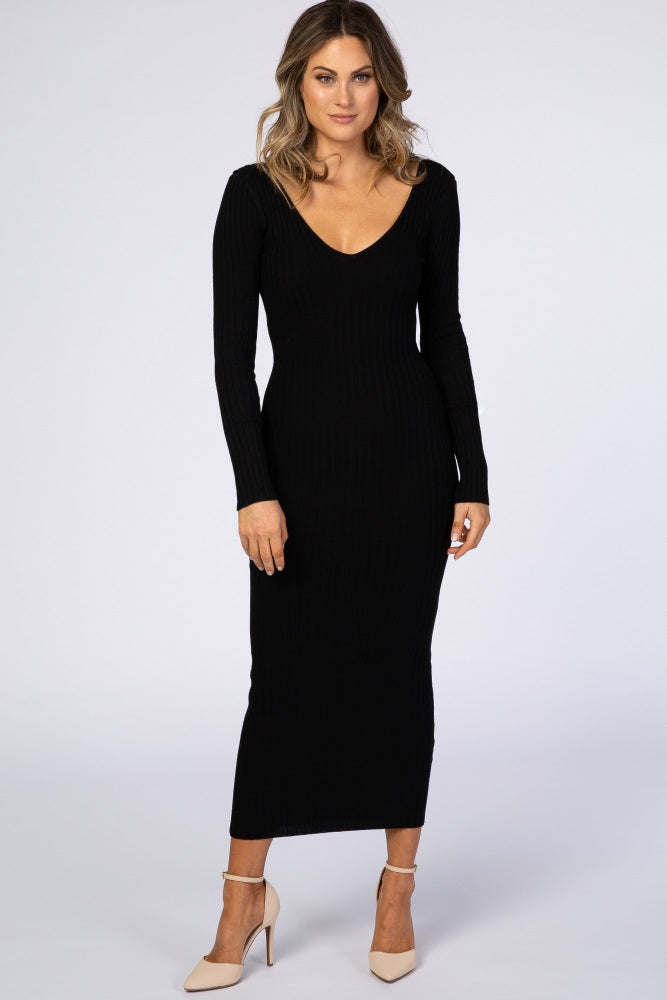 Black V-Neck Long Sleeve Fitted Maxi Dress