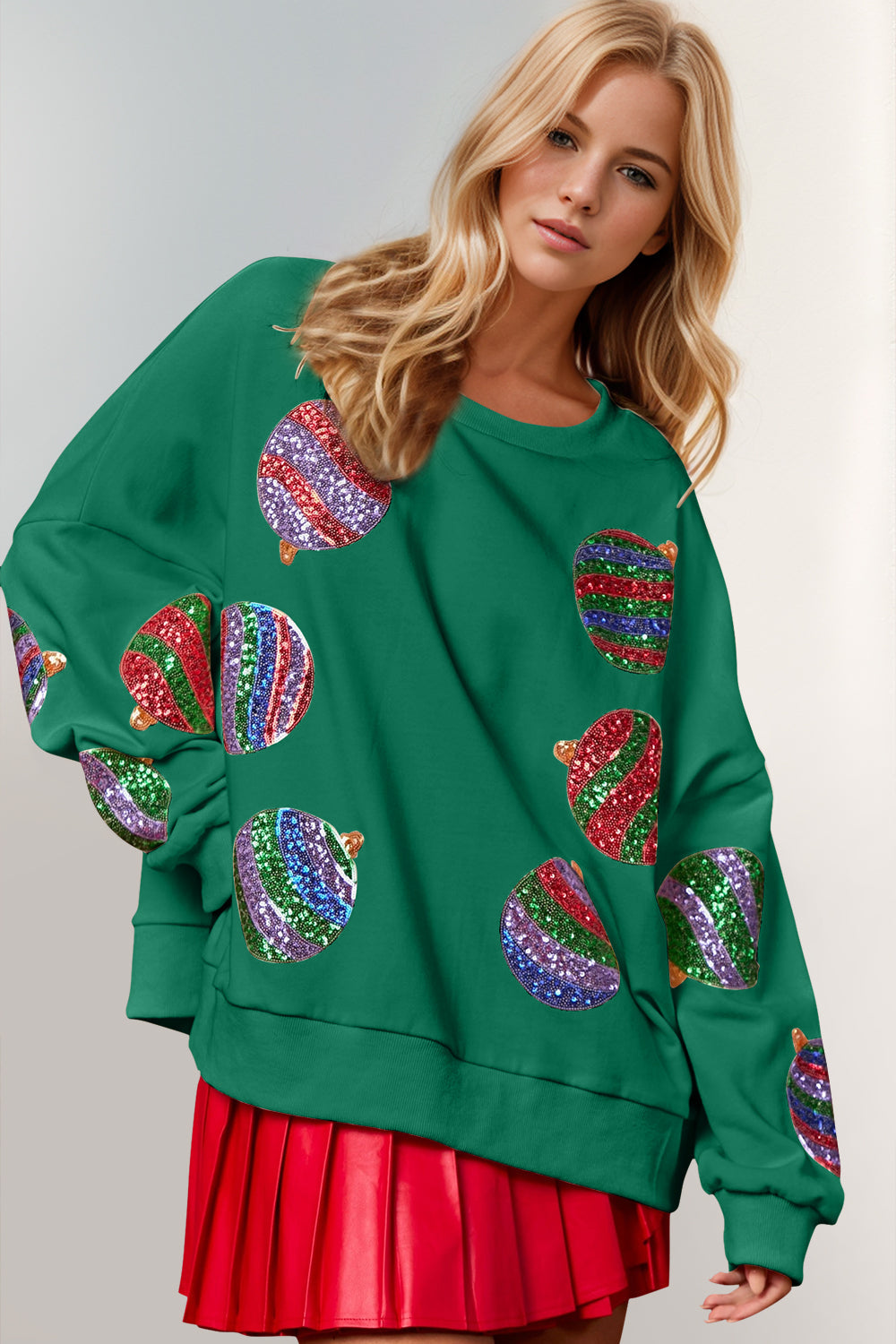 Green Sequin Ornament Christmas Sweatshirt | Holiday Sequin Pullover