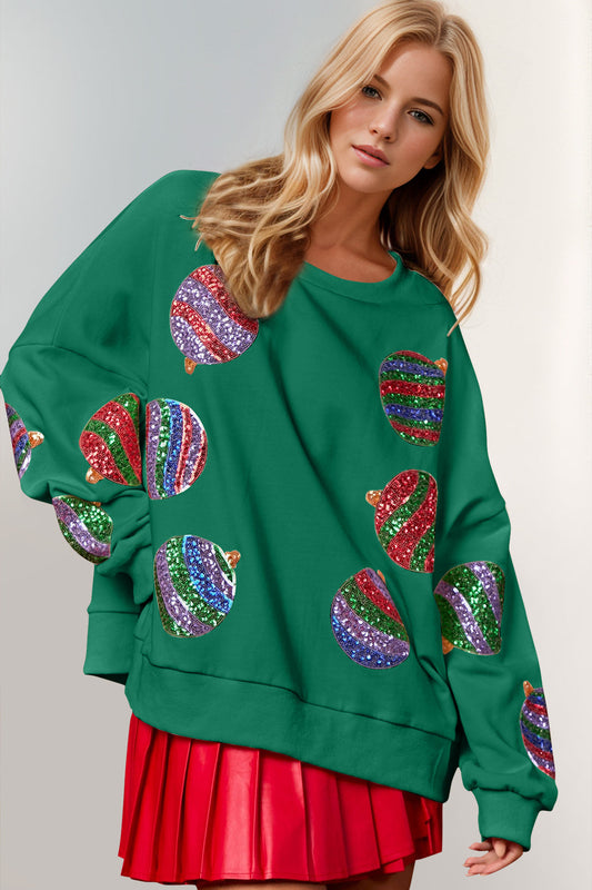 Green Sequin Ornament Christmas Sweatshirt | Holiday Sequin Pullover