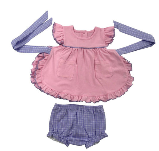 Baby Girl Pink Ruffle Apron Top & Lavender Gingham Bloomer Set | Southern Boutique Outfit – Bossier City Louisiana