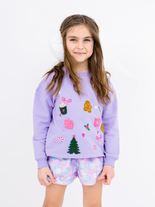 Lavender Christmas Motif Sweatshirt – Girls Holiday Pullover