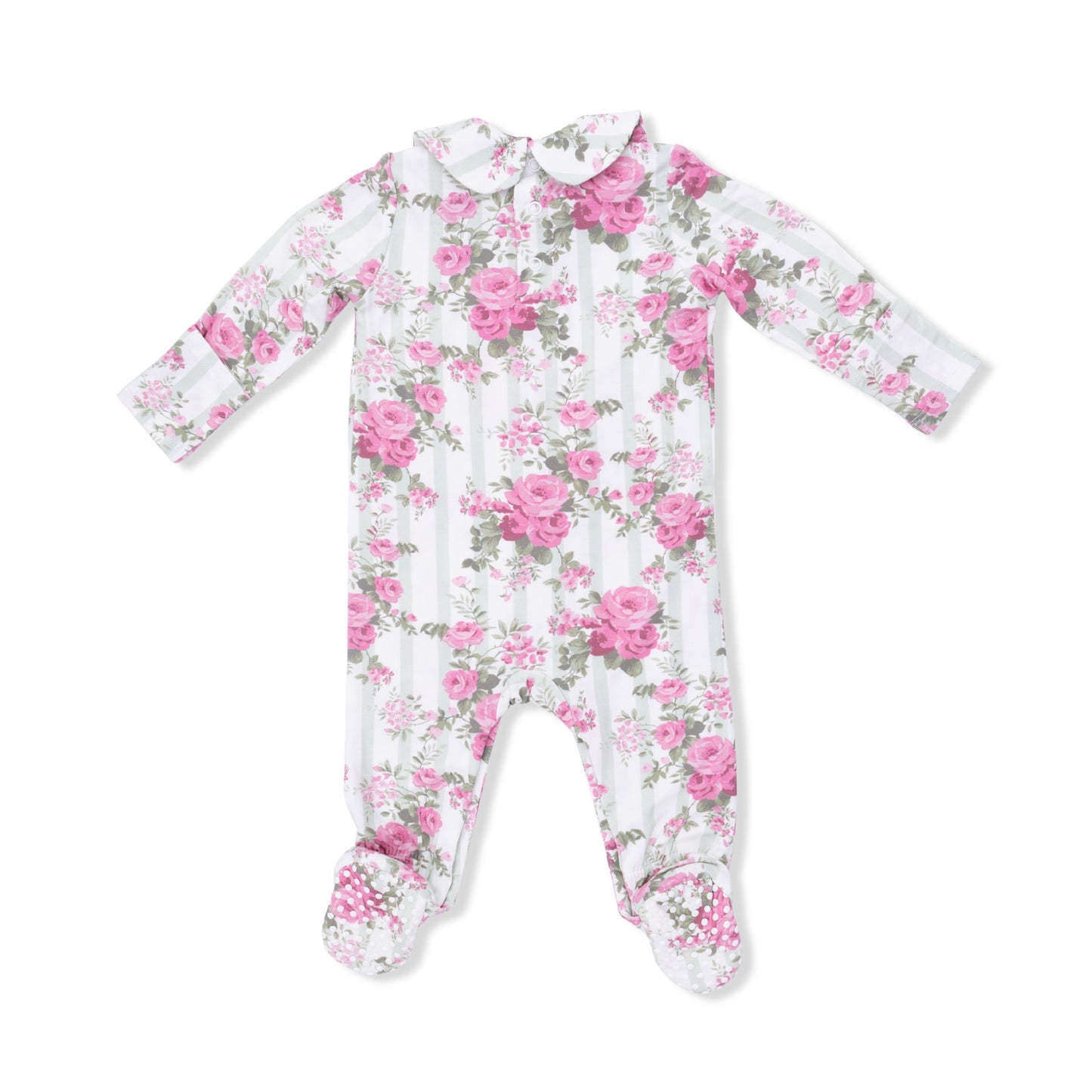 Cabbage Rose Stripe - Smocked Peter Pan Snap Footie