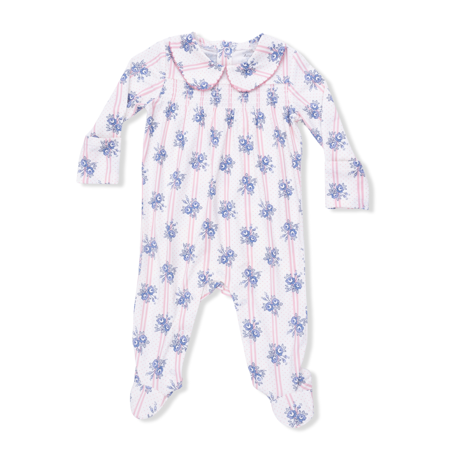 Stripe Dot Roses - Smocked Peter Pan Snap Footie