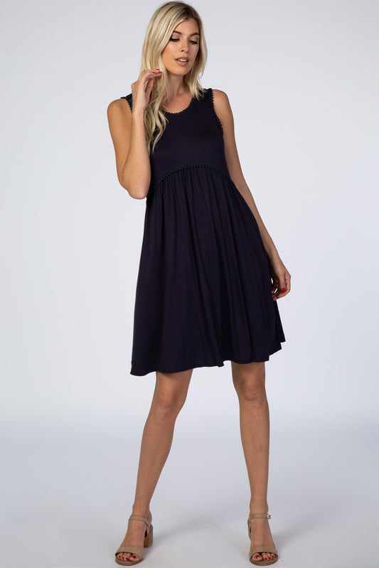 PinkBlush Navy Blue Sleeveless Round Neck Pom Pom Detail Dress
