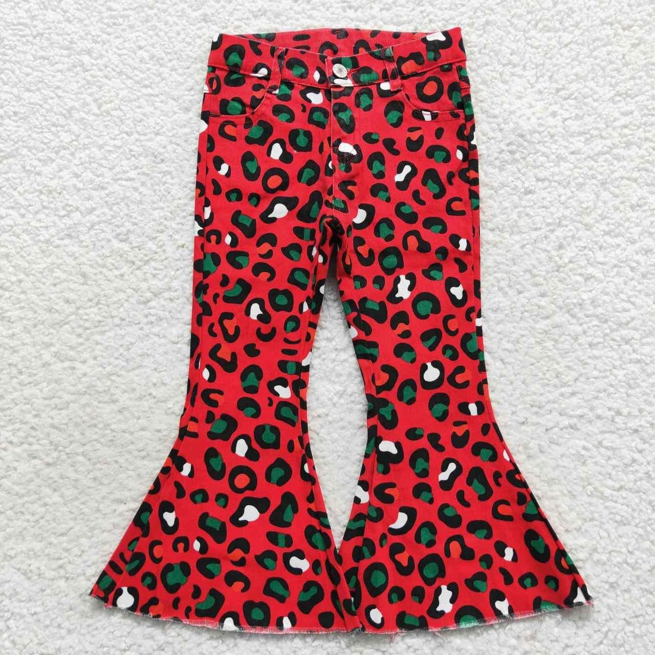 Red and green leopard bell jeans