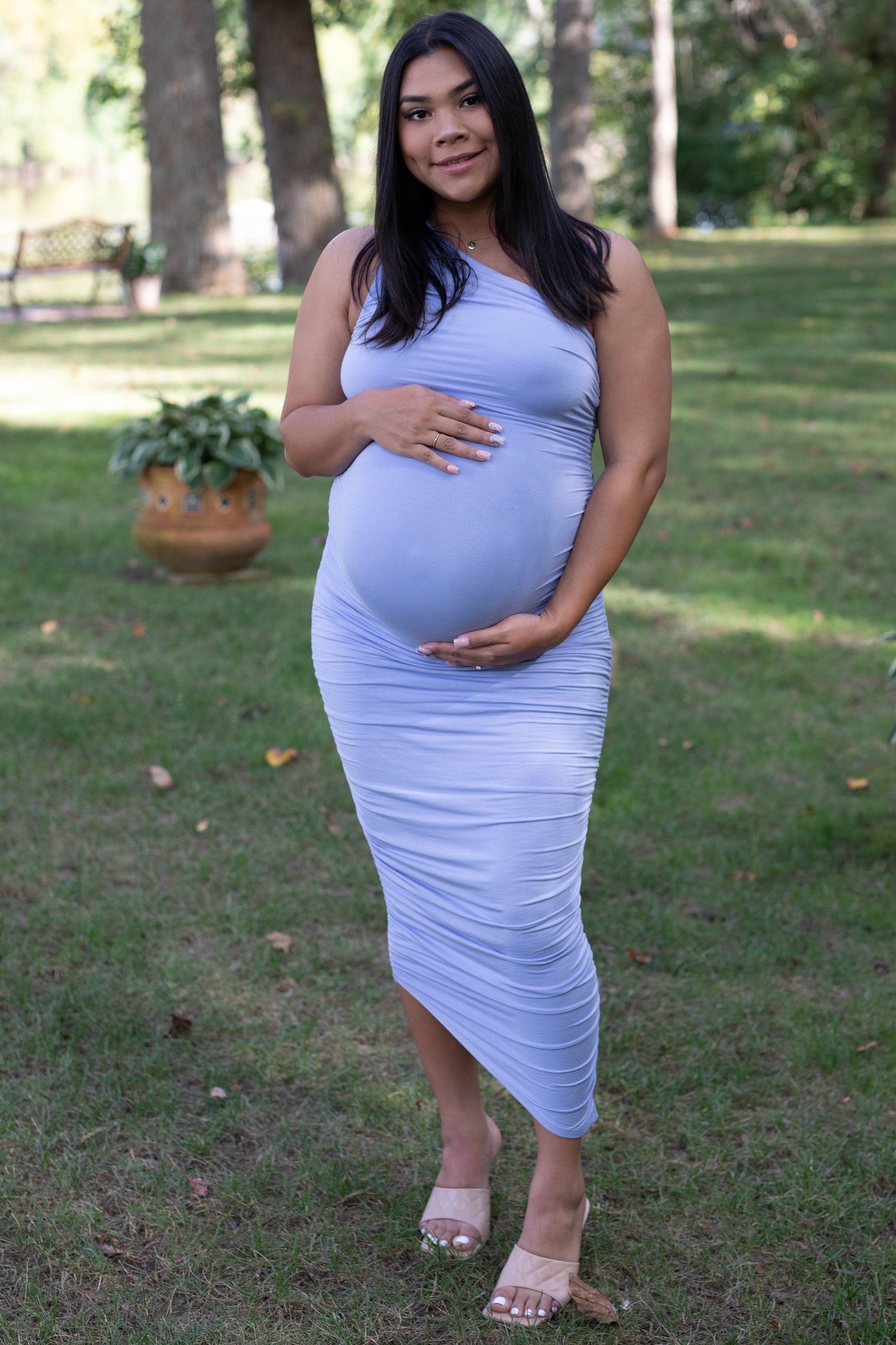 PinkBlush Light Blue Ruched One Shoulder Maternity Dress The Prissy Pelican PinkBlush Light Blue Ruched One Shoulder Maternity Dress The Prissy Pelican