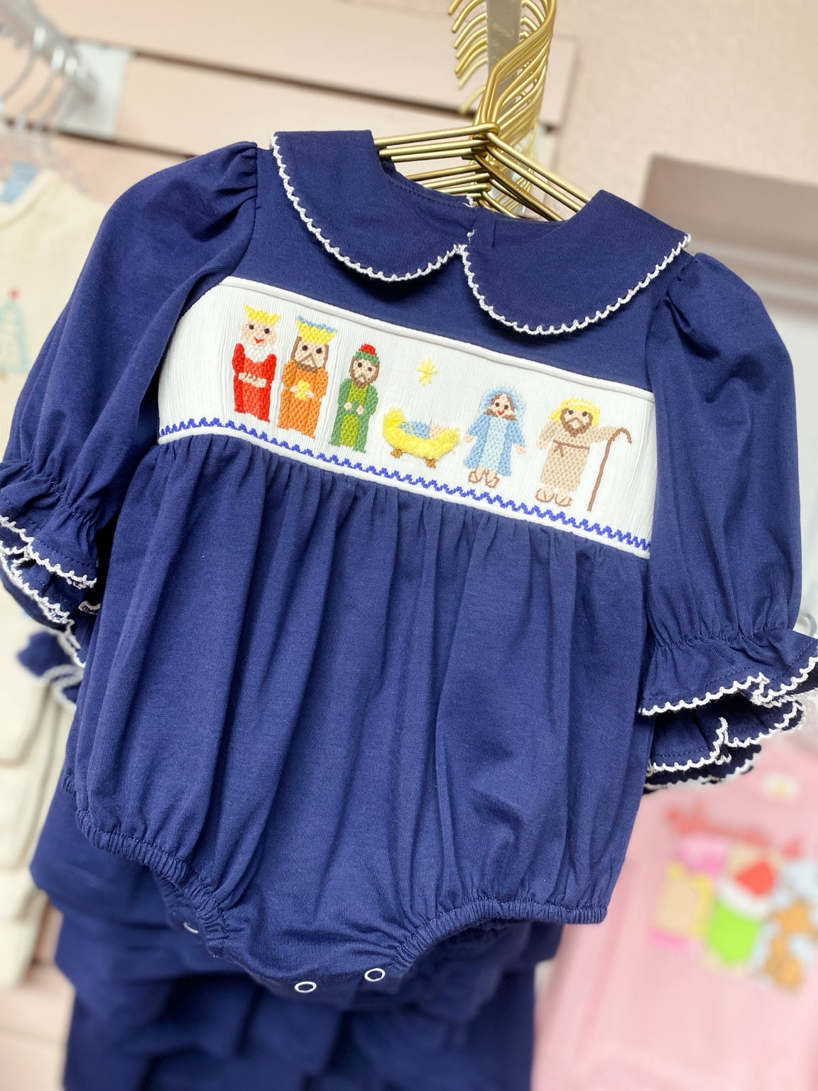 Nativity Smocked Girls Long Sleeve Bubble