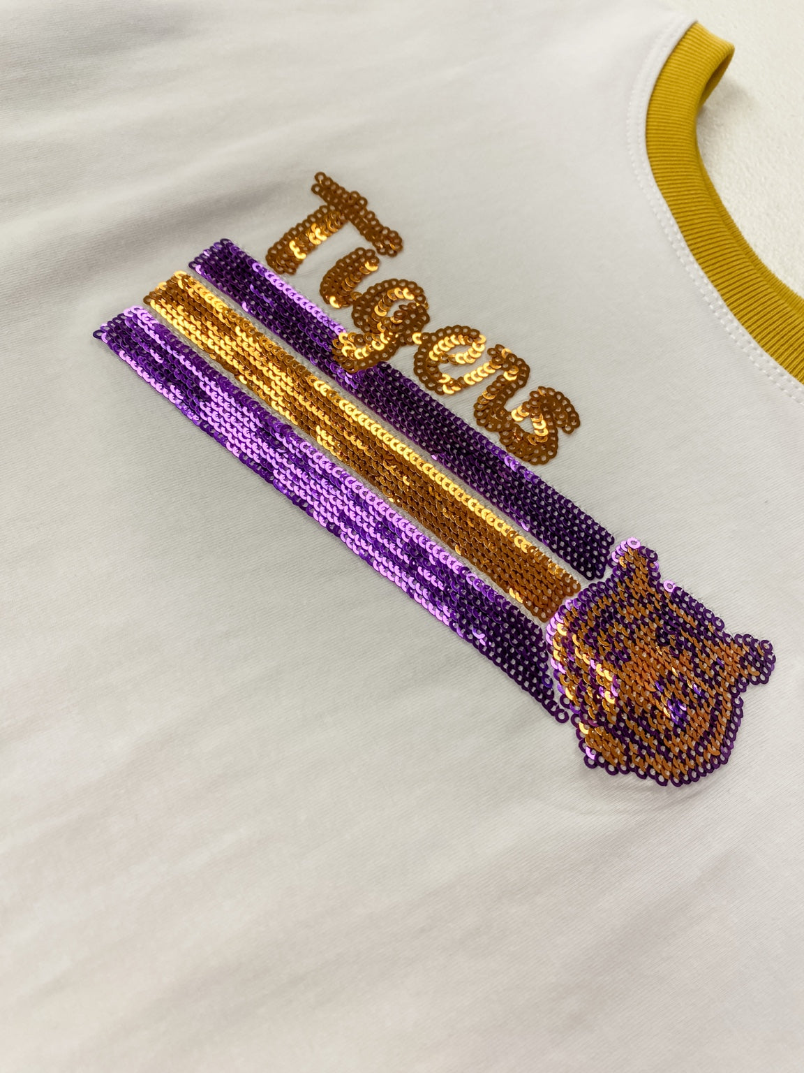 Azarhia Sequin Tiger Face Stripes Boxy Tee | Purple & Gold Girls Game Day Shirt
