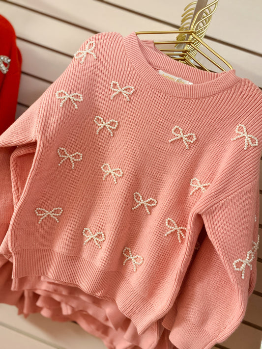 Pearl Bows Crew Neck Sweater – Pink Knit Girls Top