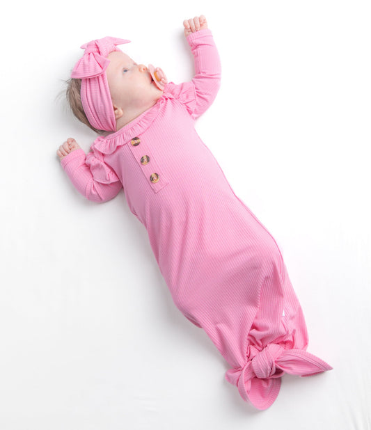 Taffy Pink Newborn Knotted Gown and Bow Set