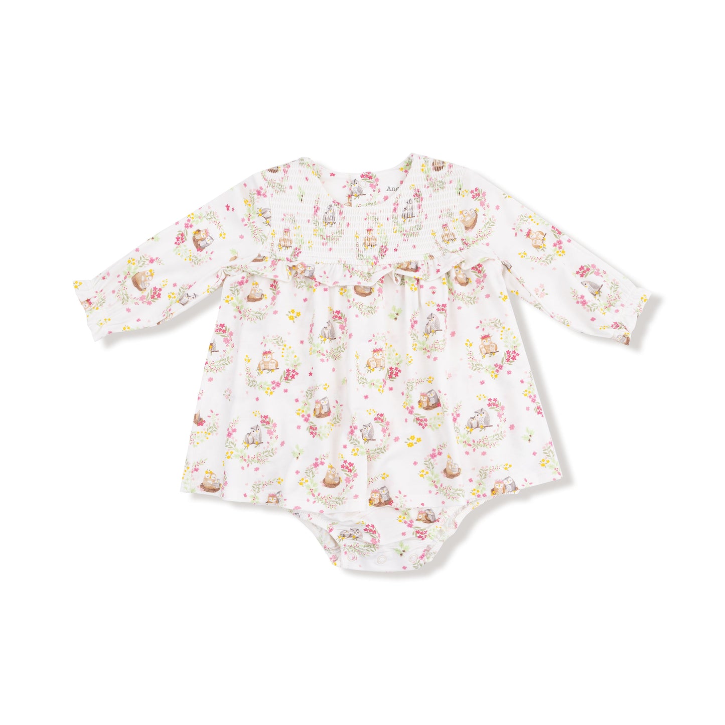 Floral Owl Families - Long Sleeve Smocked Ruffle Bubble with Skirt
