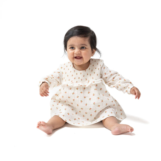 Petite Pointe Fleur - Long Sleeve Smocked Ruffle Bubble with Skirt