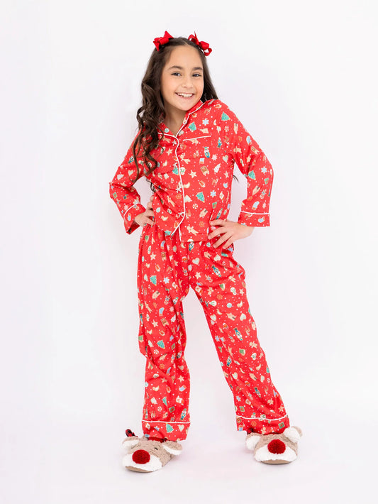 Christmas Cookies Long Sleeve Pajama Pant Set – Red Satin Girls Pajamas