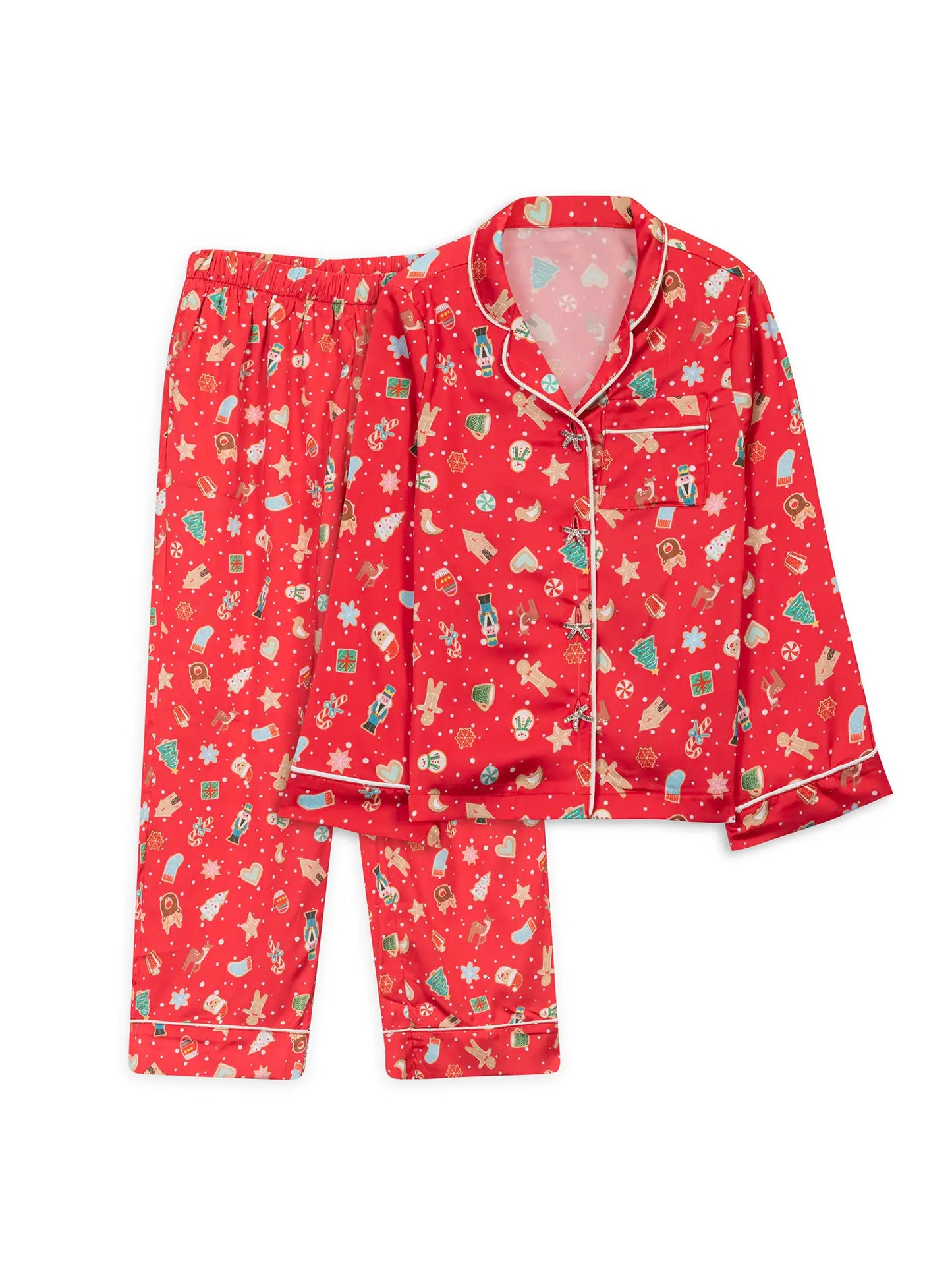Christmas Cookies Long Sleeve Pajama Pant Set – Red Satin Girls Pajamas