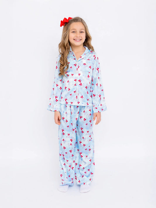 Disco Cherries Long Sleeve Pajama Pant Set – Light Blue Satin Girls Pajamas