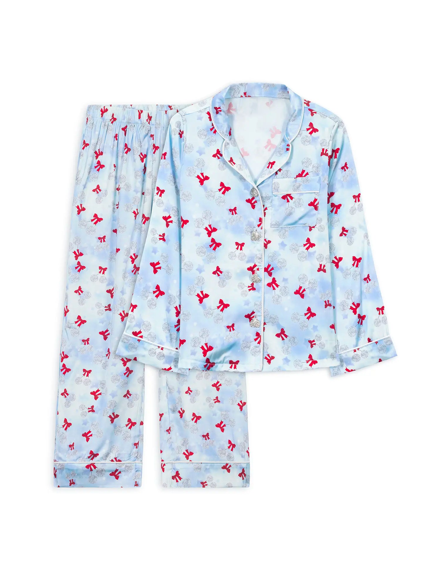 Disco Cherries Long Sleeve Pajama Pant Set – Light Blue Satin Girls Pajamas
