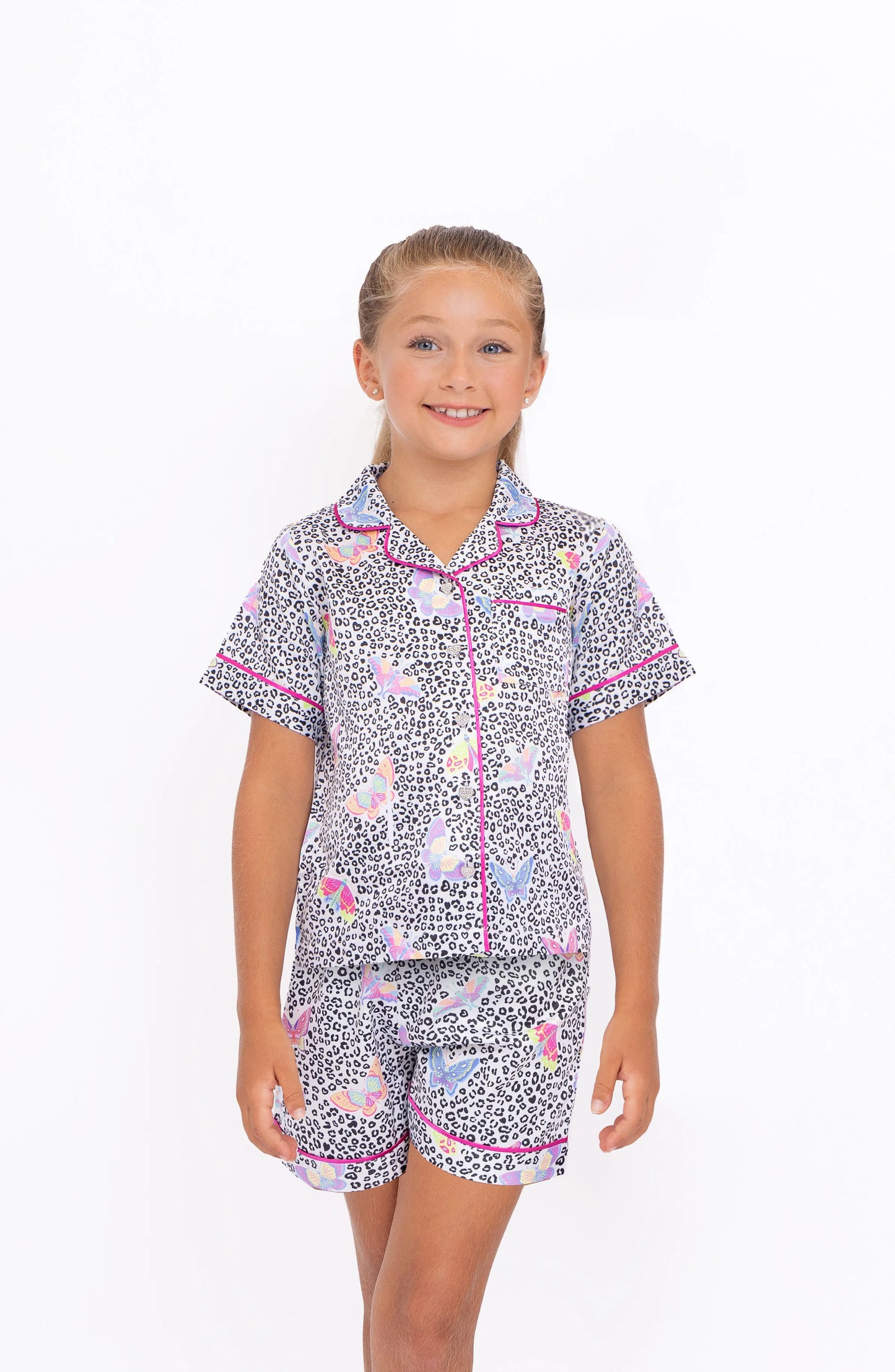 Girls Butterfly Satin Short Sleeve Pajama Set | Leopard & Butterfly Sleepwear – Bossier City Louisiana Boutique