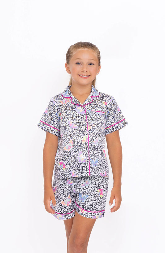 Girls Butterfly Satin Short Sleeve Pajama Set | Leopard & Butterfly Sleepwear – Bossier City Louisiana Boutique