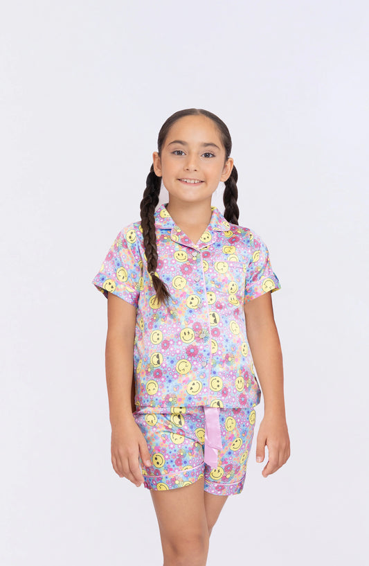 Girls Smiley Face Satin Short Sleeve Pajama Set | Colorful Floral Sleepwear – Bossier City Louisiana Boutique