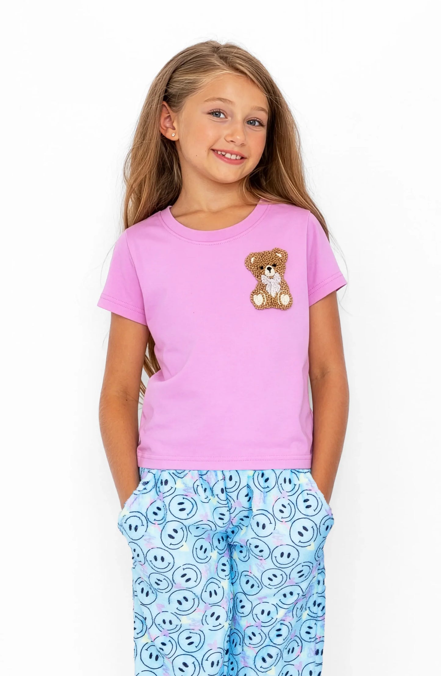 Girls Teddy Bear Patch Short Sleeve Tee | Organic Cotton Boutique Top – Bossier City Louisiana
