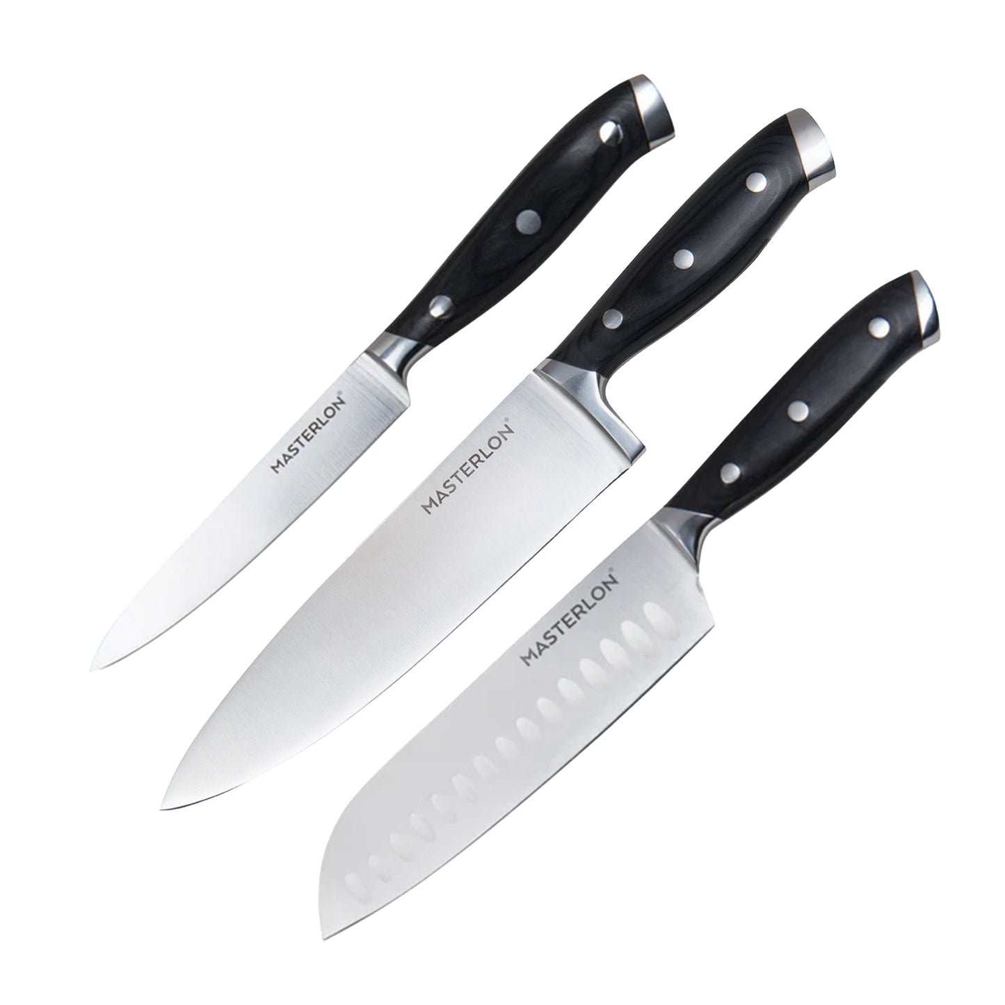 MASTERPAN Essential Chef’s Knife Bundle - 8" Chef’s Knife, 8" Slicer Knife & 7" Santoku Knife - Stainless Steel Blades with Protective Covers