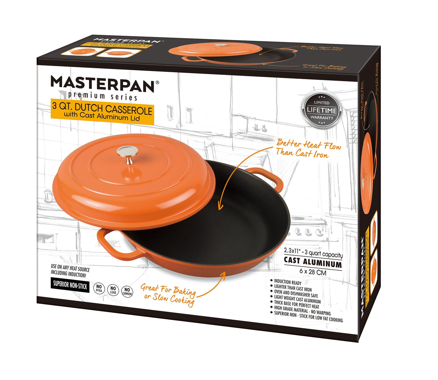 MASTERPAN Nonstick Dutch Casserole, Orange 3 Qt. 11" (28cm)