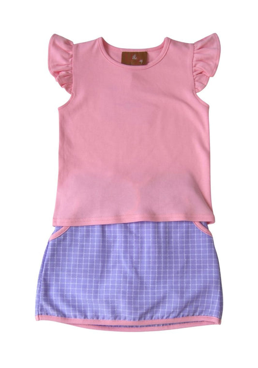 Girls Pink Flutter Sleeve Top & Lavender Gingham Skort Set | Southern Boutique Outfit – Bossier City Louisiana