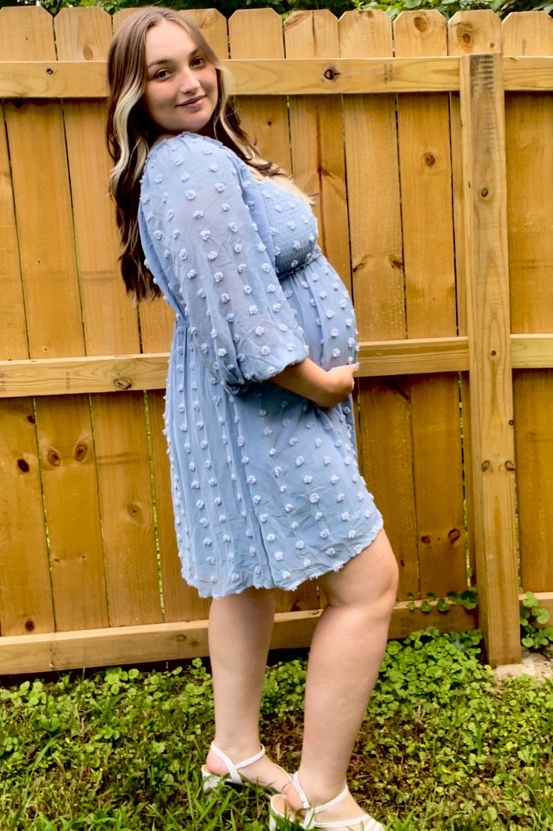 PinkBlush Light Blue Textured Dot Smocked Square Neck Chiffon Maternity Dress Small