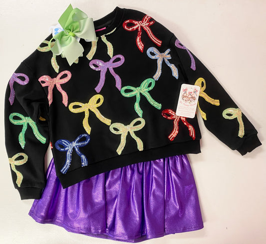 Queen of Sparkles Black Multi Bow Sweatshirt | Sequin Rainbow Bow Top | Kids