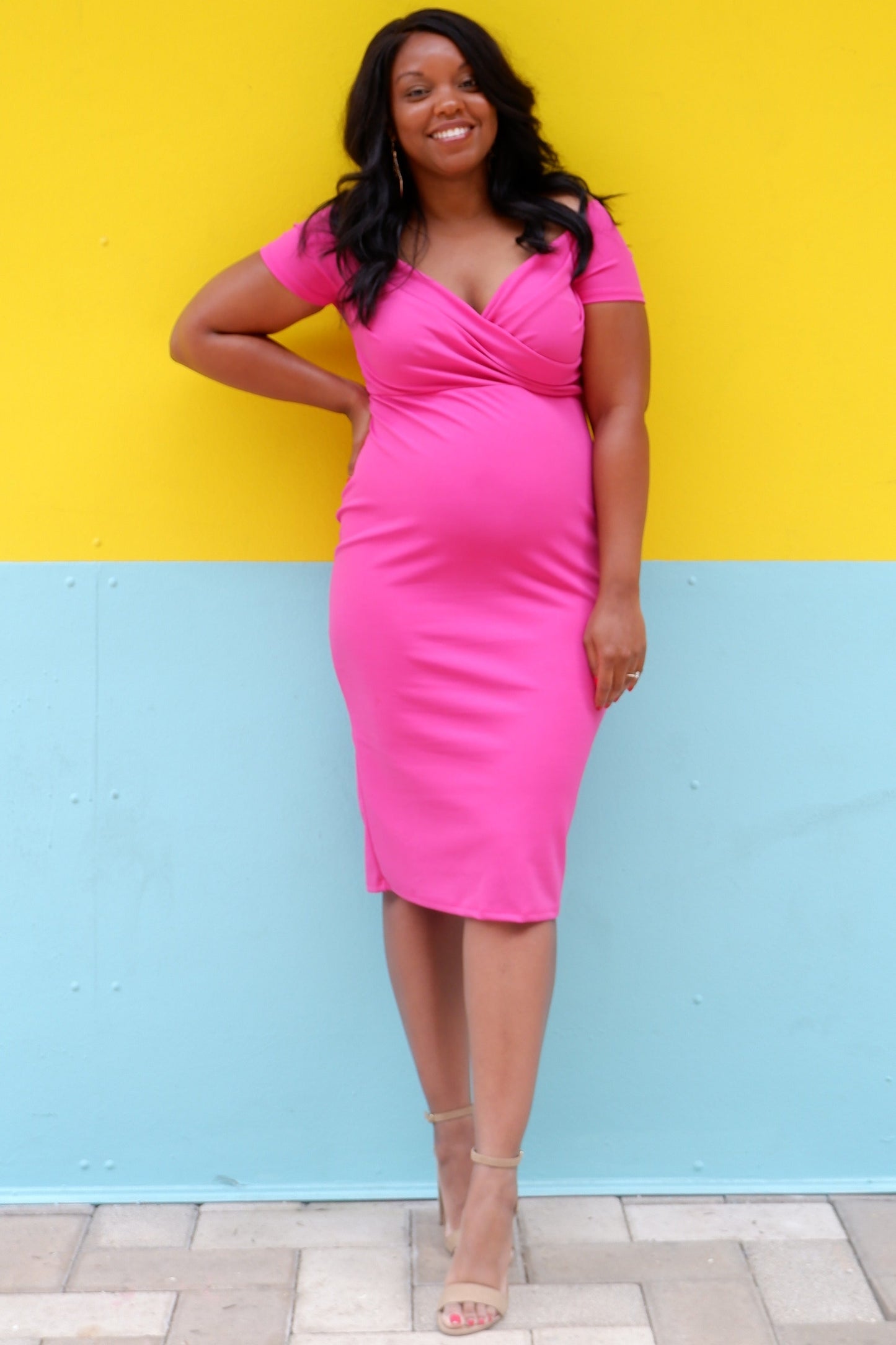 Magenta Solid Off Shoulder Maternity Fitted Dress