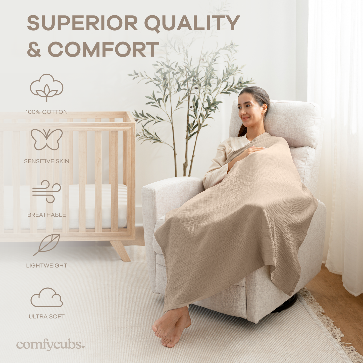 Muslin Swaddle Blankets, 42” x 42” in Sand, Cedar, Caramel, Pack of 3