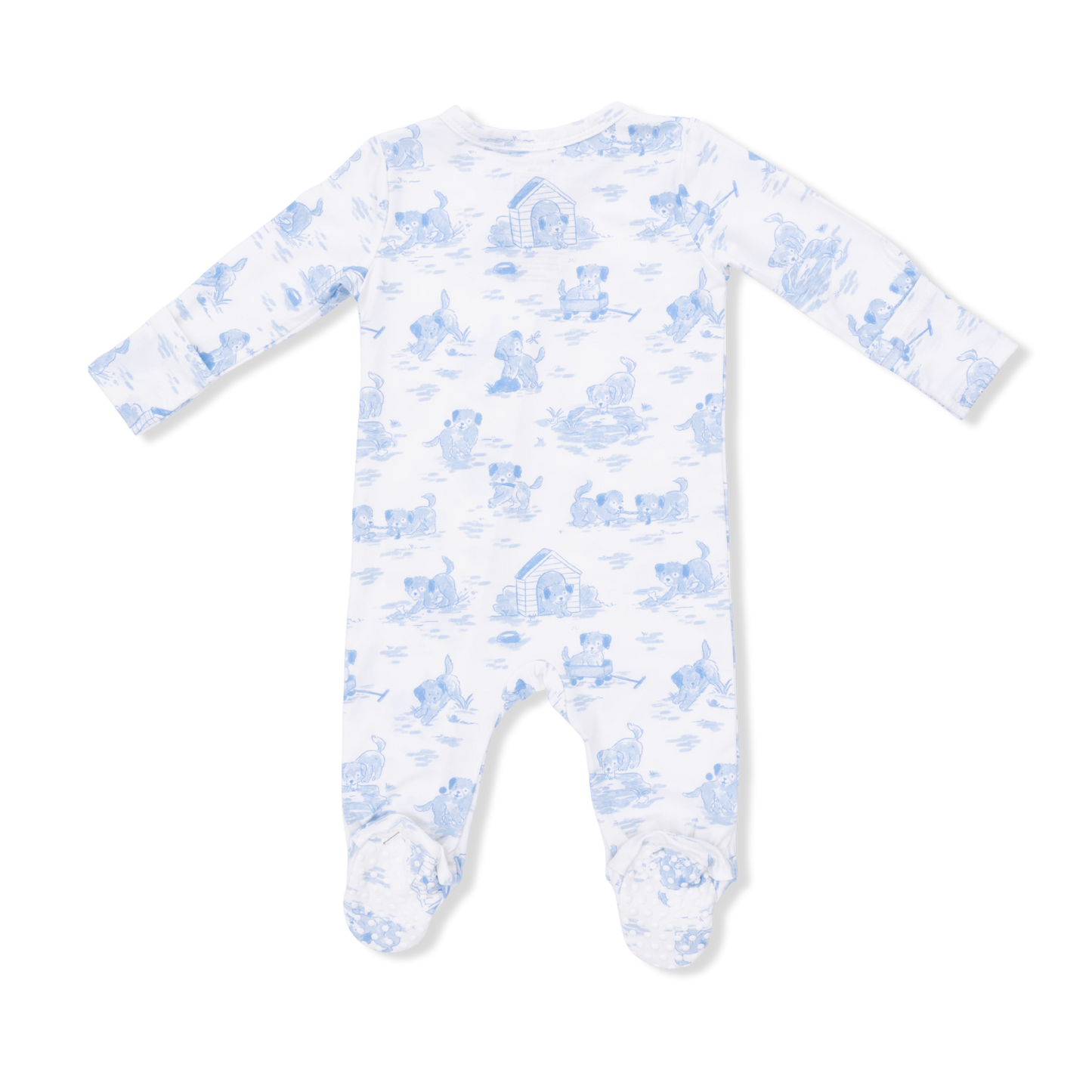 Puppy Toile Blue -  2 Way Zipper Footie, Swaddle  & Bandana Bib Set