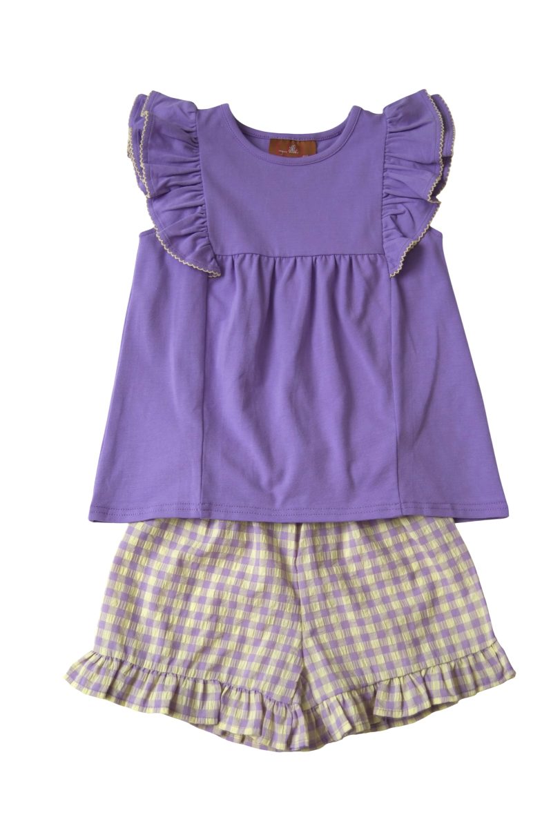Purple Top & Gold Gingham Ruffle Shorts Set