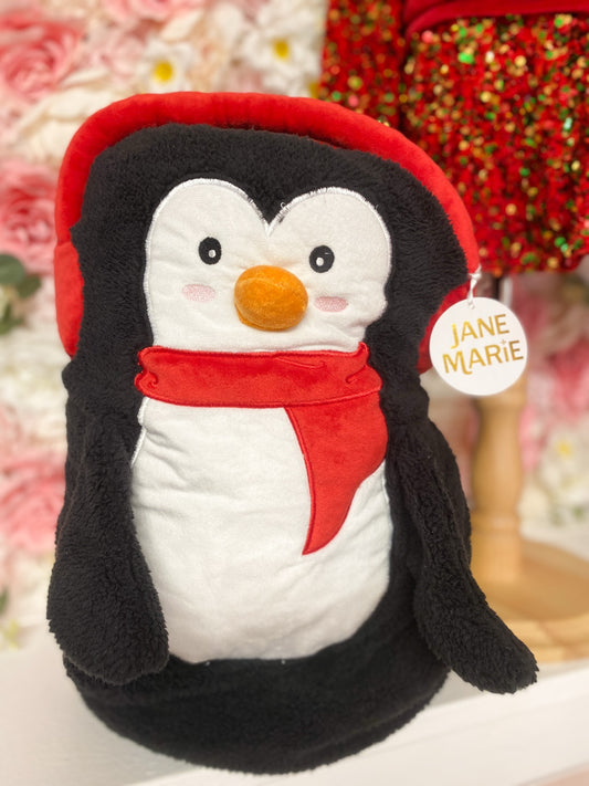 Penguin Roll Up Blanket — Kids Plush Roll-Up Blanket with Ear Muff Design