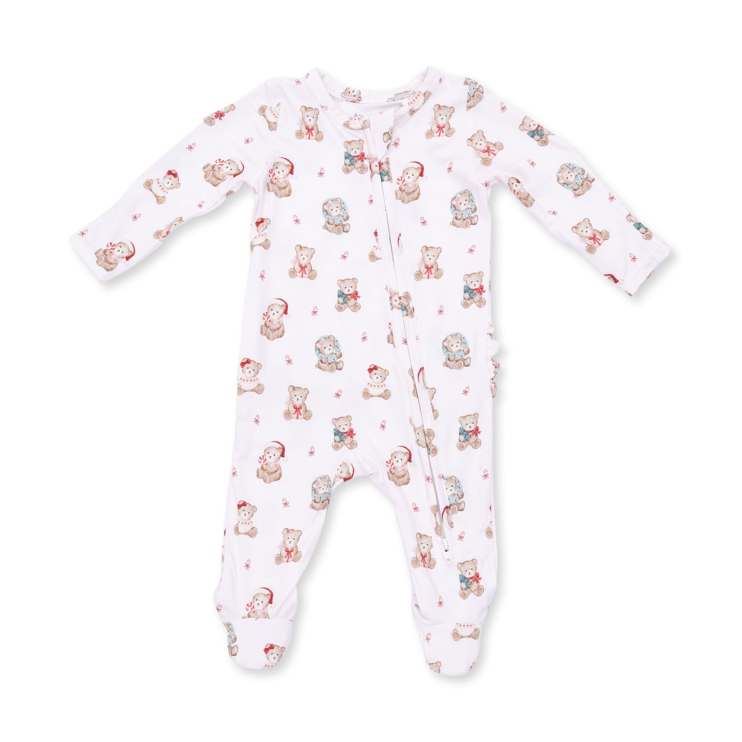 Christmas Teddy Bears Pink - 2 Way Ruffle Back Zipper Footie