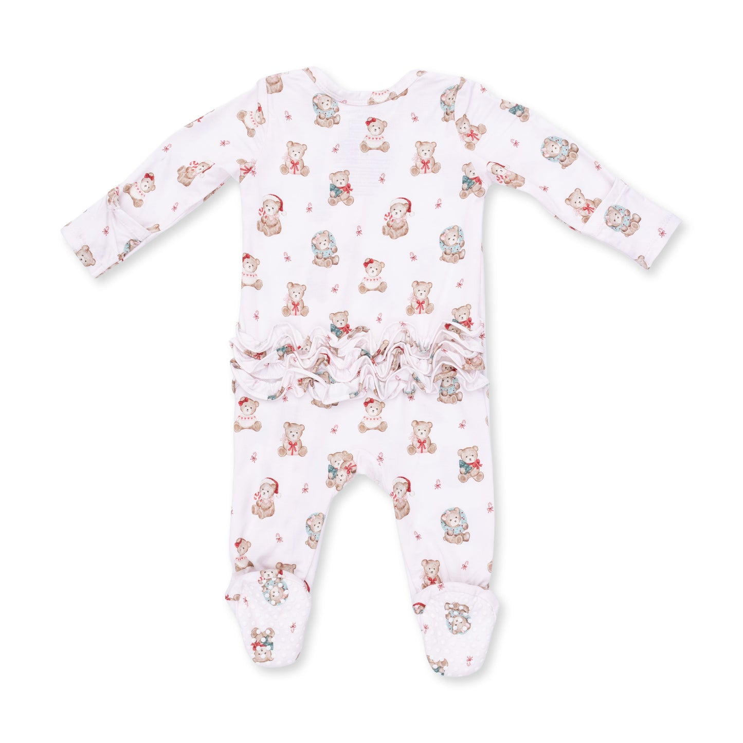 Christmas Teddy Bears Pink - 2 Way Ruffle Back Zipper Footie