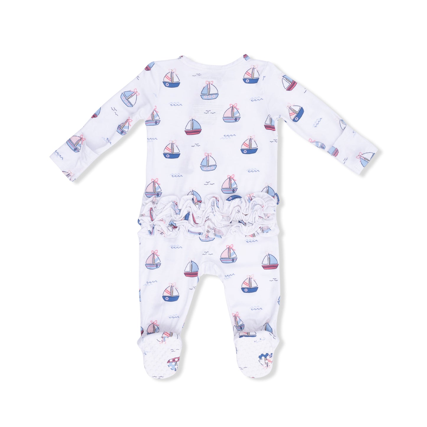 Bubbly Sailboats Pink - 2 Way Ruffle Back Zipper Footie