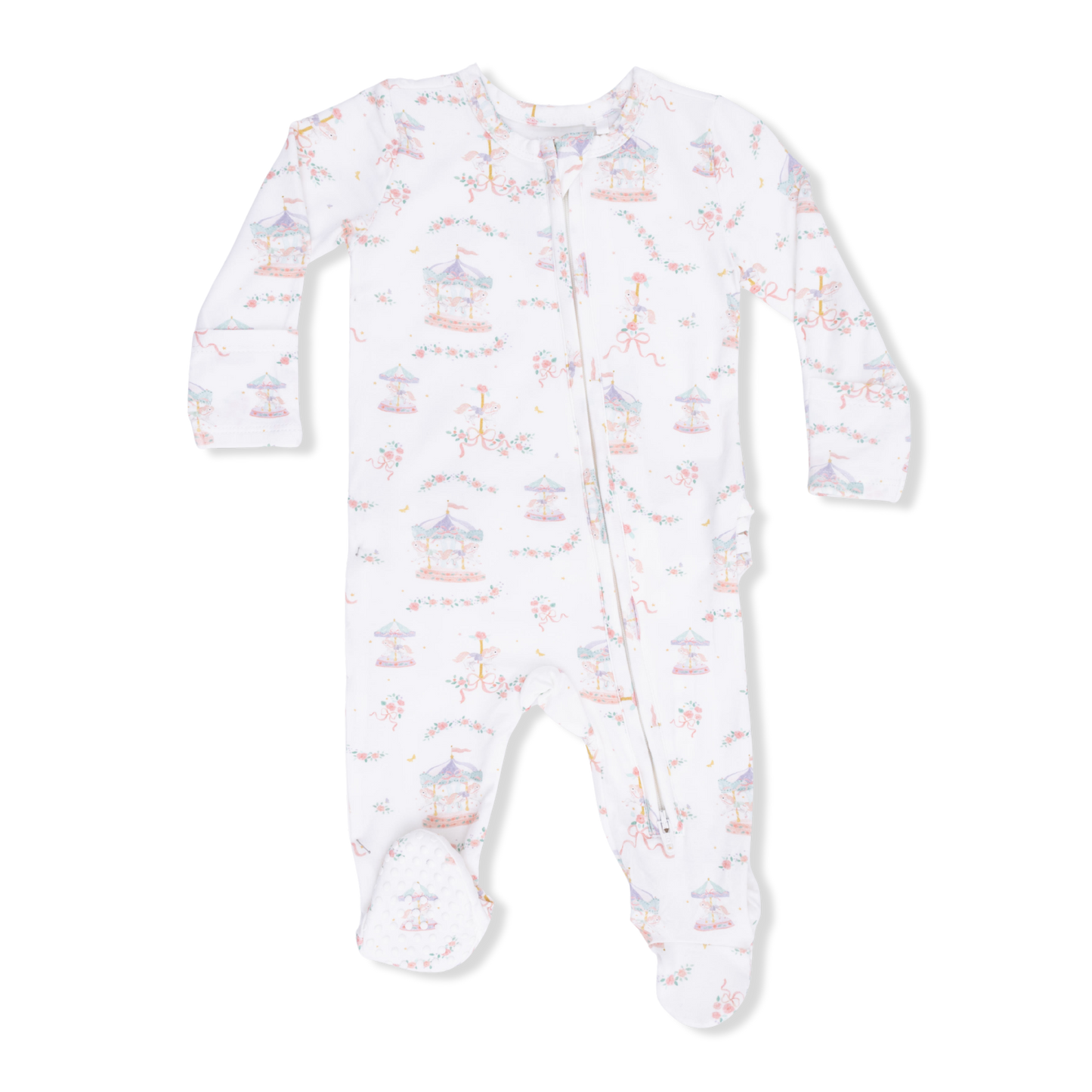 Carousel with Bows - 2 Way Ruffle Back Zipper Footie, Headband, & Swaddle Blanket Set