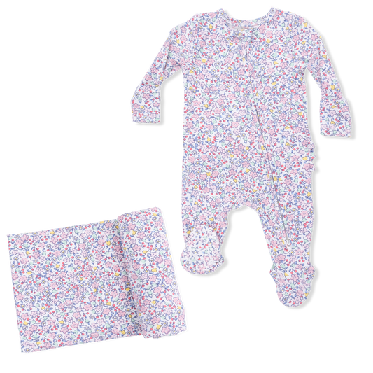 Elizabeth's Garden - 2 Way Ruffle Back Zipper Footie & Swaddle Blanket Set