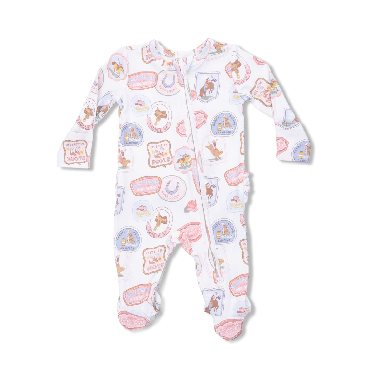 Rodeo Patches Pink - 2 Way Ruffle Back Zipper Footie